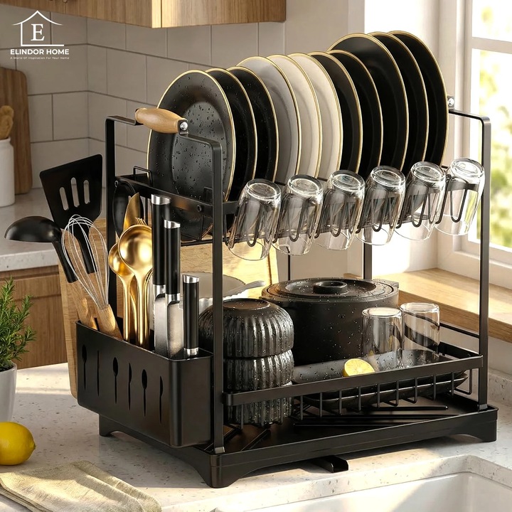 Scurgator Vase Etajat Elindor®, Suport Farfurii Chiuveta Incorporabil, Uscator Vesela, Tacamuri, Capace Oale, Tigai, Pahare, Tava din Plastic cu Scurgere Automata, Organizator Bucatarie Multifunctional, Otel Carbon, 45 × 30 × 42 cm, Negru