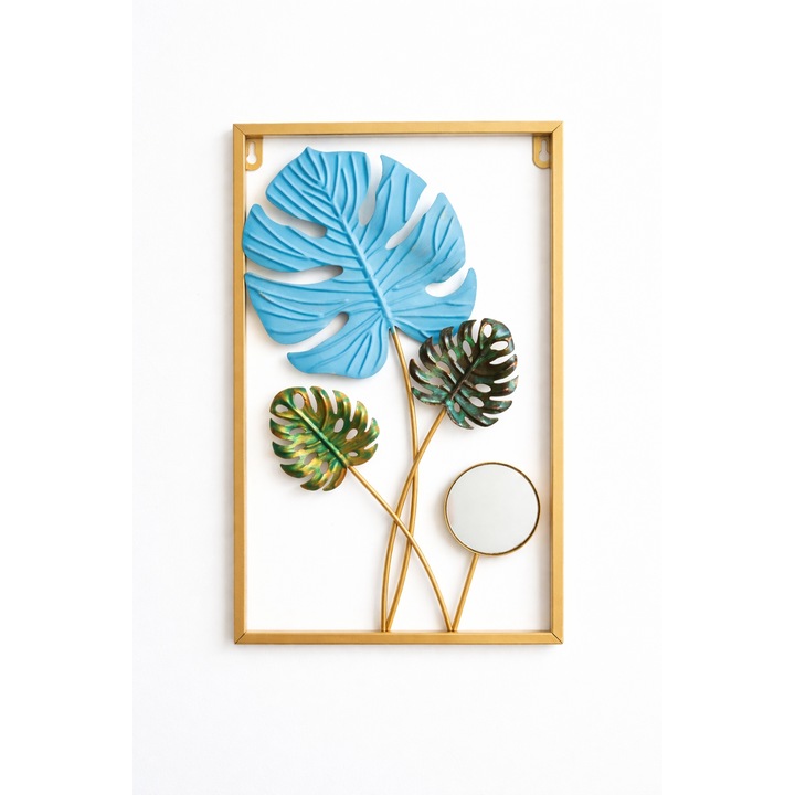 Tablou decorativ perete cu frunze Monstera si oglinda, Design modern elegant, Decor living dormitor, 40x25, Multicolor