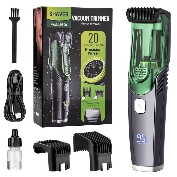 Masina de Tuns cu Vacuum, VALA® Hair Shaver V9899, Trimmer Electric fara fir, Functie Aspirare, Reincarcabil USB, Rezistenta Apa IPX6, 20 Setari Lungime, Lame Otel Inoxidabil, Verde