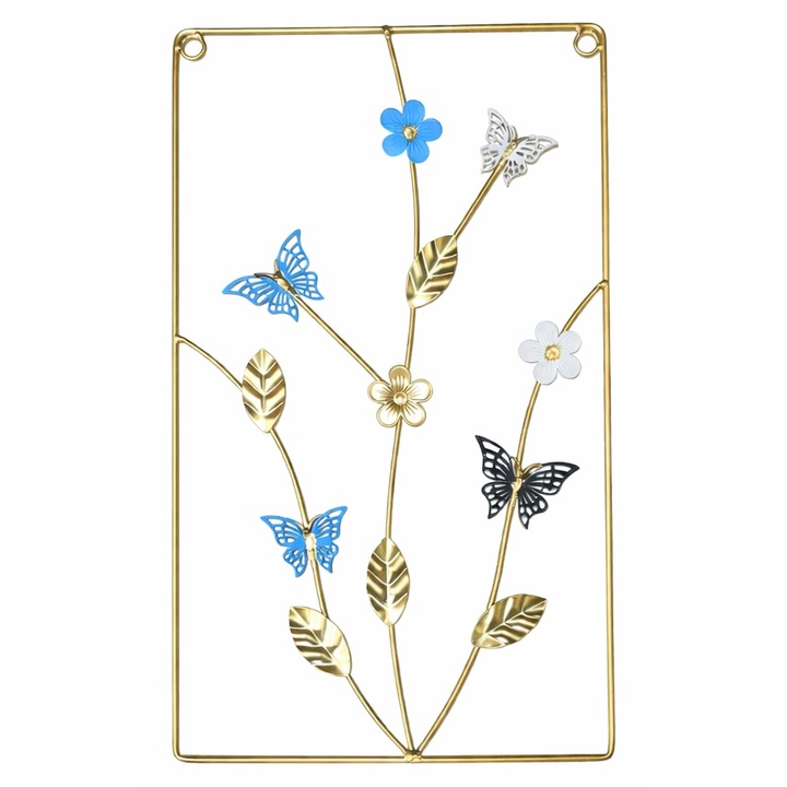 Tablou decorativ metalic cu flori si fluturi, Design modern pentru perete, 40x25 cm, Decor living/dormitor, Multicolor