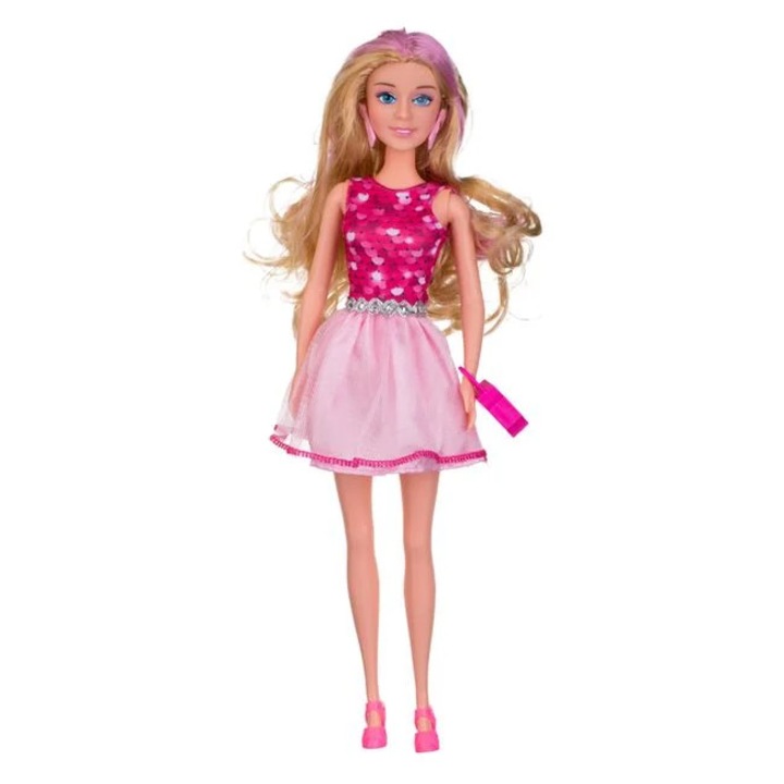 Papusa manechin cu rochie roz mini si par blond pentru joaca