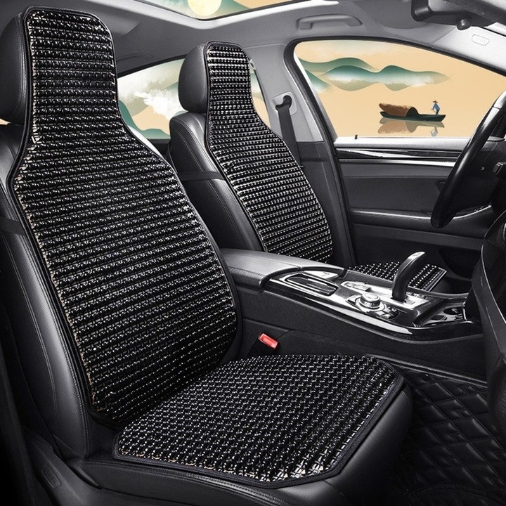 Husa Premium pentru scaun auto cu bile de masaj din lemn, dimensiune 122 x 42 cm, culoare Negru