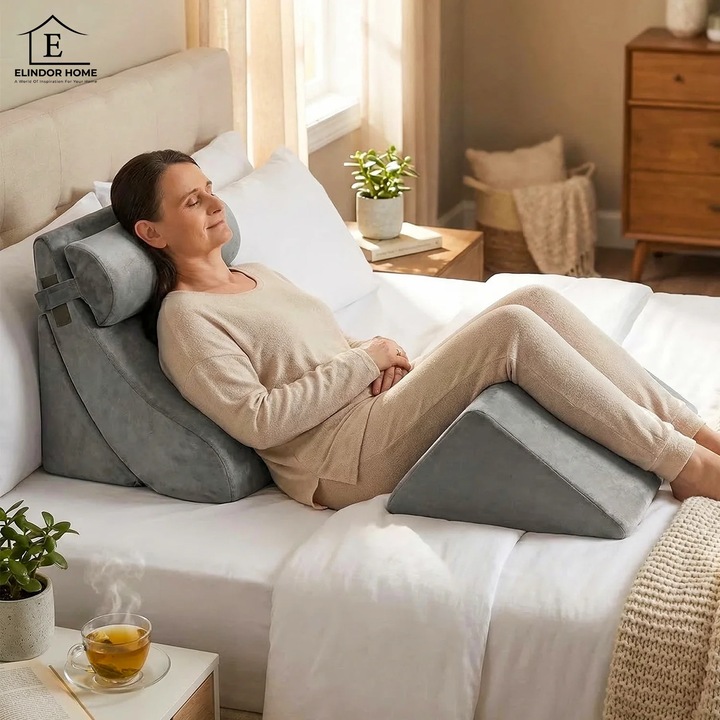 Set 4 Perne Ortopedice Elindor® pentru Pat, Perna Spuma cu Memorie, Hipoalergenica, Suport Spate, Picioare, Genunchi, Post-Operator, Anti-Reflux, Antisforait, Antirid, Pliabile, Hipoalergenic, Reglabile, Gri