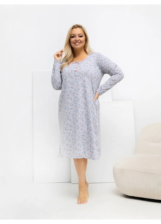 Camasa de noapte dama maneca lunga, marimi mari, gri cu flori 3XL