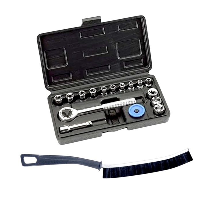 Set 13 chei tubulare 04-13 mm, cu prelungitor extensie 50 mm si cheie antrenor cu clichet reversibil 120 mm, pentru spatii greu accesibile, si Perie ingusta, 23 cm, pentru spatii mici