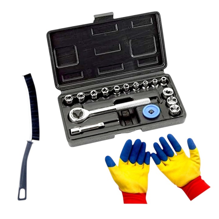 Set 13 chei tubulare 04-13 mm, cu prelungitor extensie 50 mm si cheie antrenor cu clichet reversibil 120 mm, pentru spatii greu accesibile, si Set manusi tricolore, protectie cu Perie ingusta, 23 cm