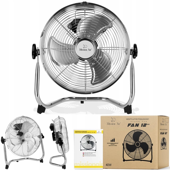 Ventilator de podea Mission Air FAN 12", 40W, 3 viteze, argintiu, 30x36cm