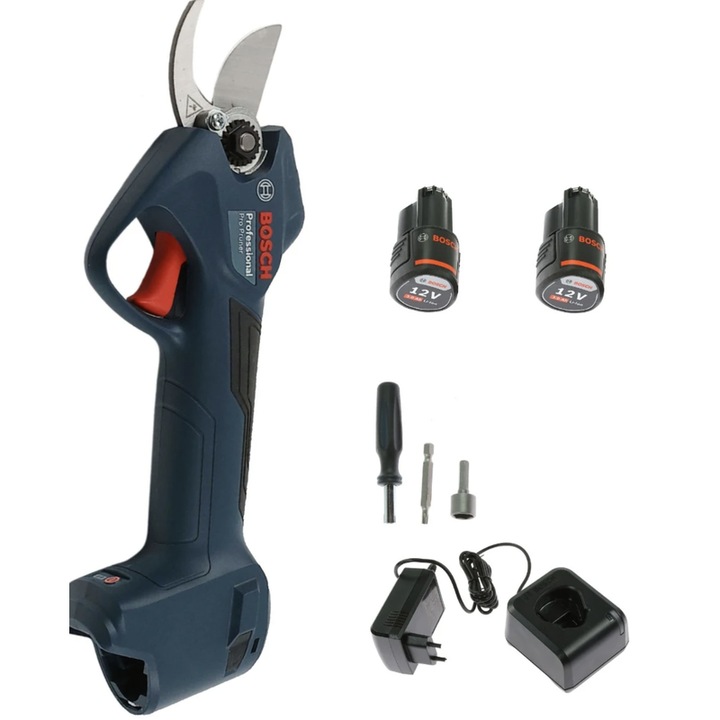 Foarfeca de gradina, pentru taiat crengi pomi fructiferi, vie, Bosch Professional, lama otel, motor fara perii, cu 2 acumulatori 3 Ah, incarcator, 25 mm grosime crengi maxima, 30.2 x 5.5 x 9.9 cm