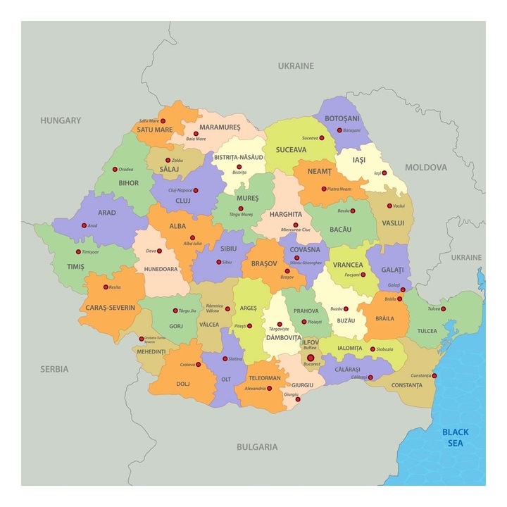 Harta decorativa pentru perete Romania cu orase si judete, PVC, 65x65 cm, montaj usor