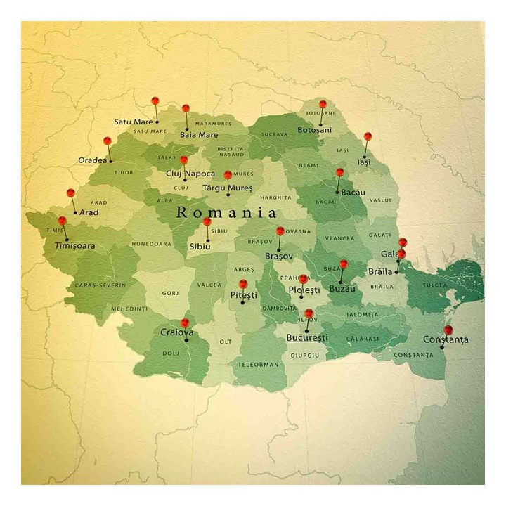 Harta decorativa pentru perete Romania relief, PVC rezistent la apa, 65x65 cm