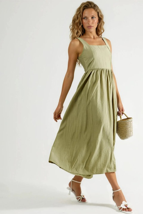 Rochie midi Busem, decolteu patrat, verde masliniu, poliester, fara maneci