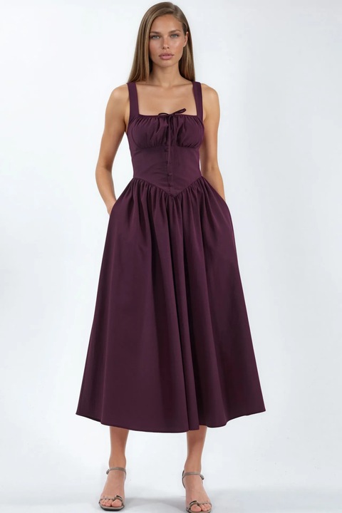 Rochie Midi Busem, guler patrat, cu nasturi, bumbac/poliester, Violet/Mov