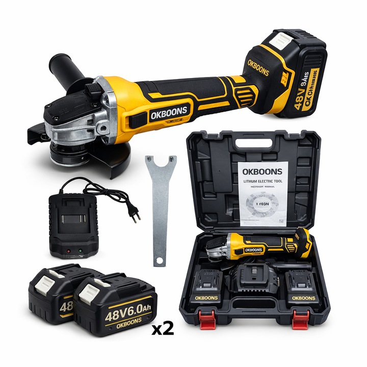 Polizor Unghiular cu Acumulator OKBOONS 48V 6.0Ah, Brushless, 2 Acumulatori, Incarcator, Valiza Transport, Flex fara fir profesional, Diametru disc 125 mm