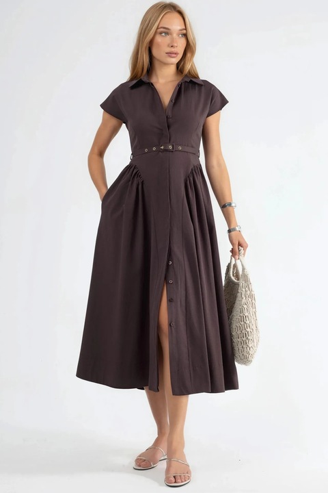 Rochie midi Busem, cu cordon, guler, Maro