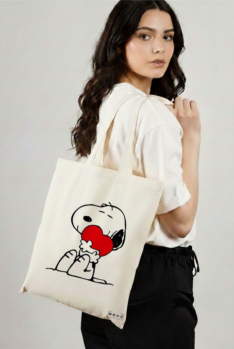 Sacosa Cumparaturi Textila, Geanta Tote, model Doggo Love, 38x34.5 cm, Alba, BEKZ®