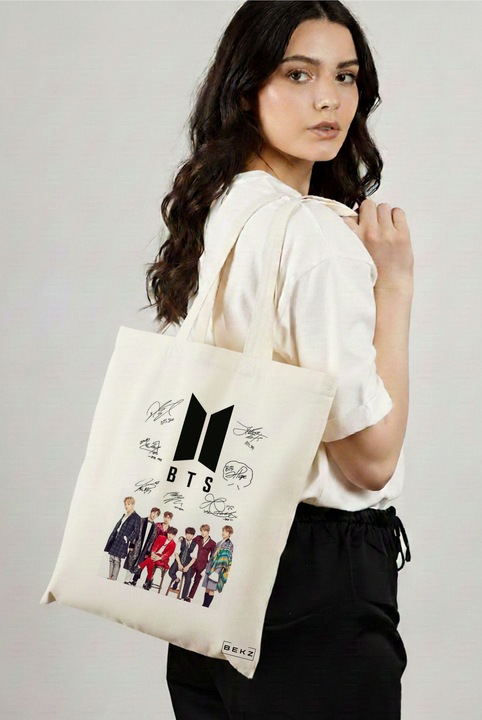 Sacosa Cumparaturi Textila, Geanta Tote, model BTS Army 1, 38x34.5 cm, Alba, BEKZ®