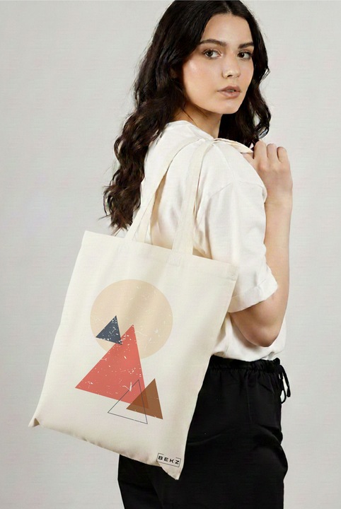 Sacosa Cumparaturi Textila, Geanta Tote, model Triangles, 38x34.5 cm, Alba, BEKZ®