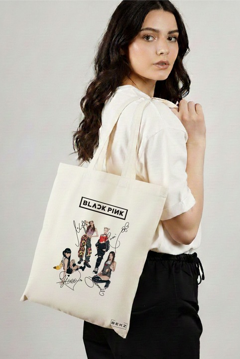 Sacosa Cumparaturi Textila, Geanta Tote, model Blackpink 6 cu semnaturii, 38x34.5 cm, Alba, BEKZ®