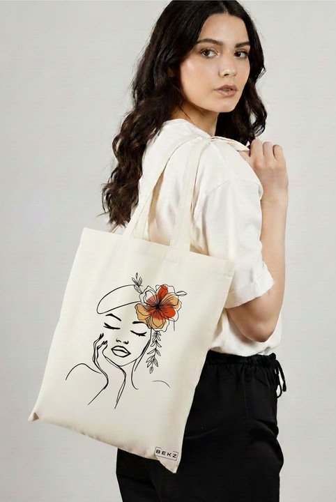 Sacosa Cumparaturi Textila, Geanta Tote, Flower Lady 13, 38x34.5 cm, Alba, BEKZ®