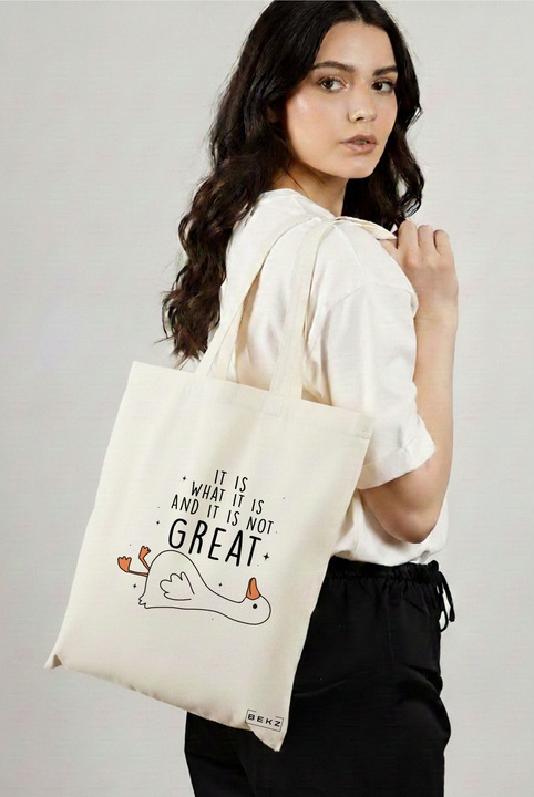 Sacosa Cumparaturi Textila, Geanta Tote, model Silly Goose 1, 38 x 34.5 cm, Alb, BEKZ®