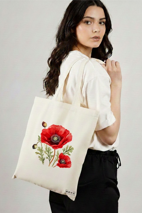 Sacosa Cumparaturi Textila, Geanta Tote, model Flower Bouquet 5, 38 x 34.5 cm, Alb, BEKZ®
