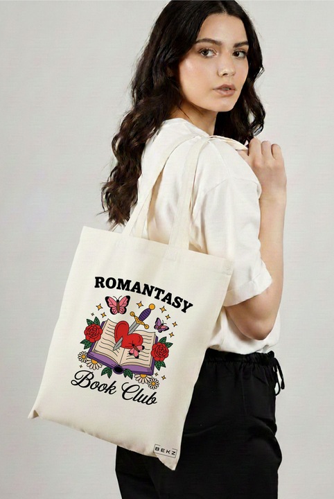 Sacosa Cumparaturi Textila, Geanta Tote, model Romantasy Book Club 38 x 34.5 cm, Alb, BEKZ®