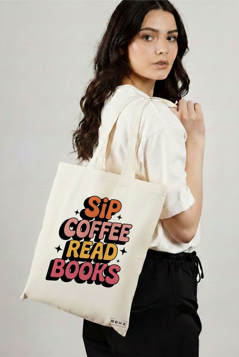 Sacosa Cumparaturi Textila, Geanta Tote, model Sip Coffee read books 38 x 34.5 cm, Alb, BEKZ®