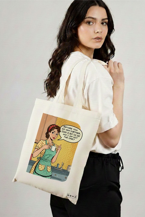 Sacosa Cumparaturi Textila, Geanta Tote, model Today is not the day 38 x 34.5 cm, Alb, BEKZ®