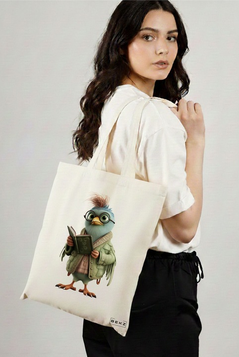 Sacosa Cumparaturi Textila, Geanta Tote, model Reading Birdie 2 38 x 34.5 cm, Alb, BEKZ®