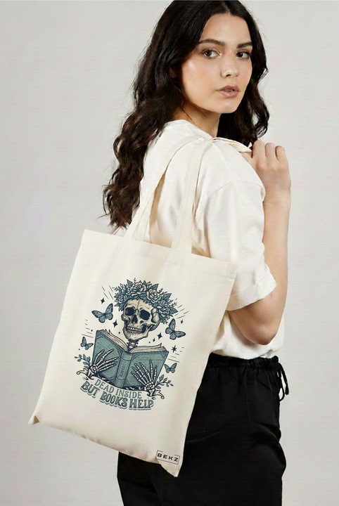 Sacosa Cumparaturi Textila, Geanta Tote, model Dead inside but books help 38 x 34.5 cm, Alb, BEKZ®