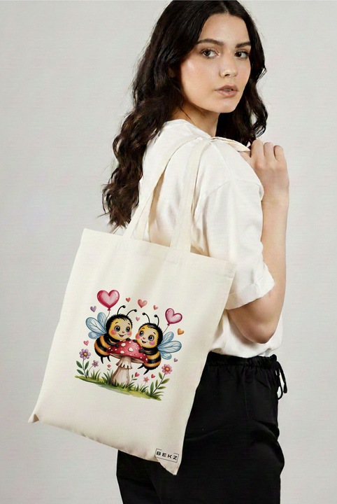 Sacosa Cumparaturi Textila, Geanta Tote, model Romantic Bees on Mushroom 38 x 34.5 cm, Alb, BEKZ®