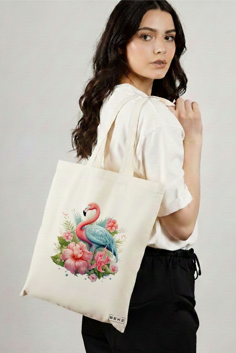 Sacosa Cumparaturi Textila, Geanta Tote, model Flamingo 3 38 x 34.5 cm, Alb, BEKZ®