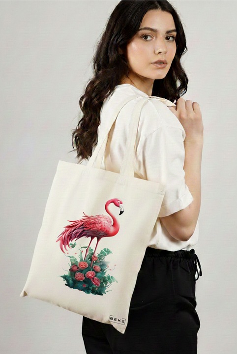 Sacosa Cumparaturi Textila, Geanta Tote, model Flamingo 38 x 34.5 cm, Alb, BEKZ®