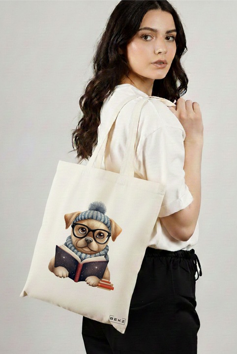Sacosa Cumparaturi Textila, Geanta Tote, model Reading puppy 2 38 x 34.5 cm, Alb, BEKZ®