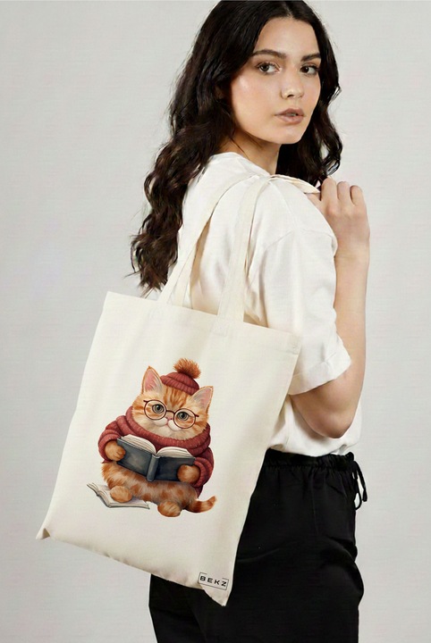 Sacosa Cumparaturi Textila, Geanta Tote, model Reading cat 1 38 x 34.5 cm, Alb, BEKZ®