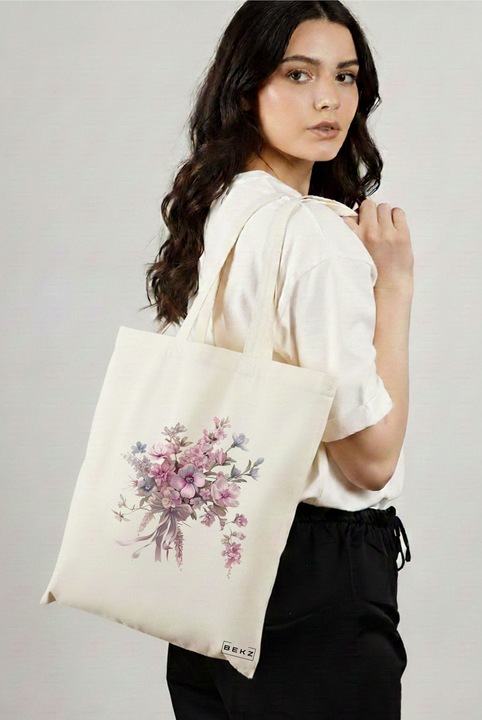 Sacosa Cumparaturi Textila, Geanta Tote, model Flowers 4 38 x 34.5 cm, Alb, BEKZ®