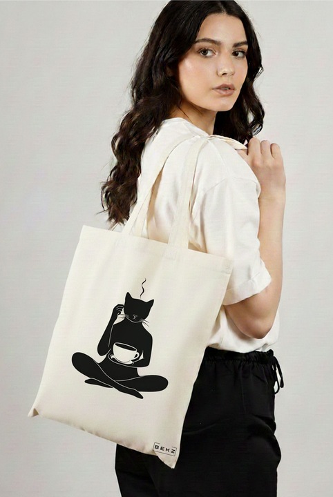 Sacosa Cumparaturi Textila, Geanta Tote, model Caffeine Cat 17 38 x 34.5 cm, Alb, BEKZ®