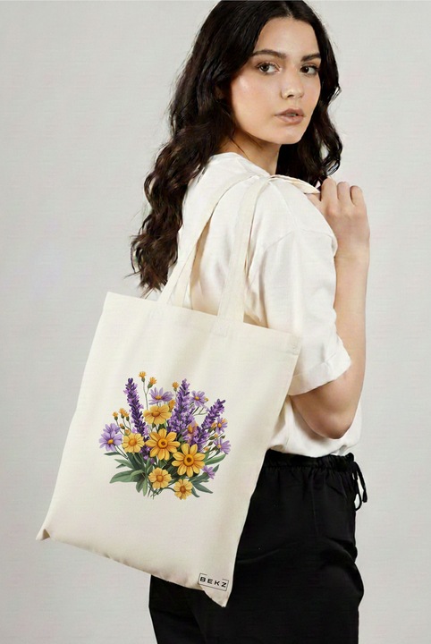 Sacosa Cumparaturi Textila, Geanta Tote, model Flowers 14 38 x 34.5 cm, Alb, BEKZ®