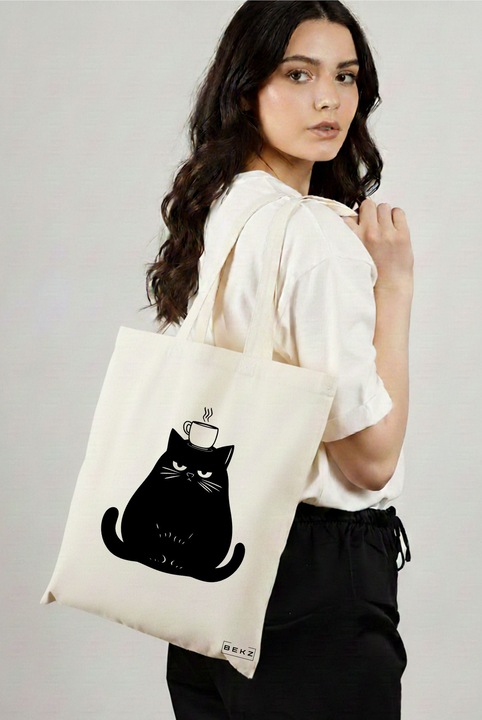 Sacosa Cumparaturi Textila, Geanta Tote, model Caffeine Cat 19 38 x 34.5 cm, Alb, BEKZ®