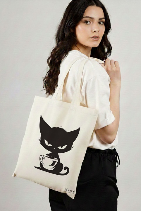 Sacosa Cumparaturi Textila, Geanta Tote, model Caffeine Cat 26 38 x 34.5 cm, Alb, BEKZ®