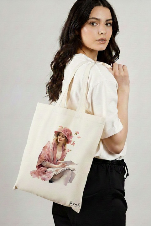 Sacosa Cumparaturi Textila, Geanta Tote, model The bookie girl 13 38 x 34.5 cm, Alb, BEKZ®