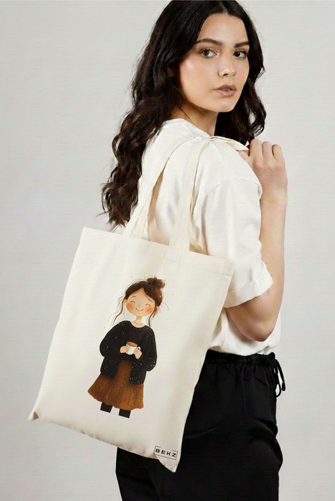 Sacosa Cumparaturi Textila, Geanta Tote, model The coffee girl 38 x 34.5 cm, Alb, BEKZ®