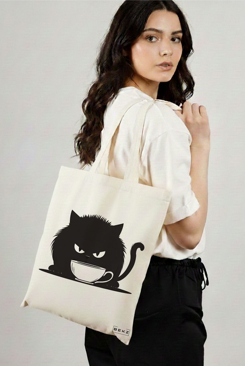 Sacosa Cumparaturi Textila, Geanta Tote, model Caffeine Cat 27 38 x 34.5 cm, Alb, BEKZ®