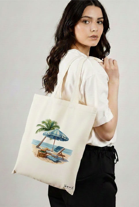 Sacosa Cumparaturi Textila, Geanta Tote, model Beach life 2 38 x 34.5 cm, Alb, BEKZ®