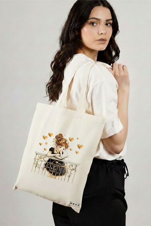 Sacosa Cumparaturi Textila, Geanta Tote, model The bookie girl 7 38 x 34.5 cm, Alb, BEKZ®