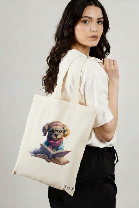 Sacosa Cumparaturi Textila, Geanta Tote, model Reading puppy 31 38 x 34.5 cm, Alb, BEKZ®