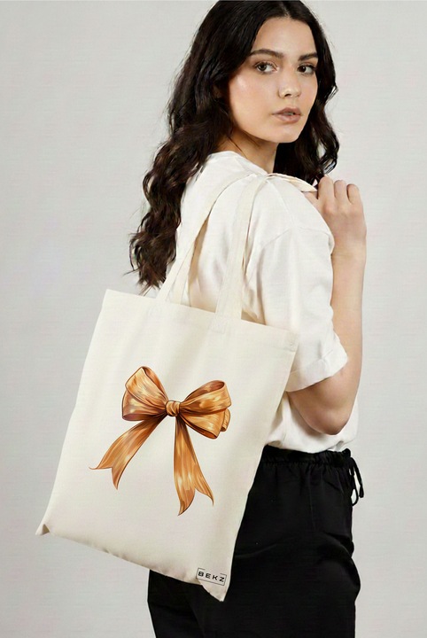 Sacosa Cumparaturi Textila, Geanta Tote, model Rosegold bow 38 x 34.5 cm, Alb, BEKZ®