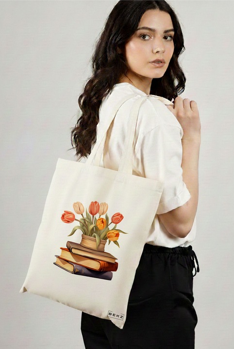 Sacosa Cumparaturi Textila, Geanta Tote, model Books and flowers 13 38 x 34.5 cm, Alb, BEKZ®