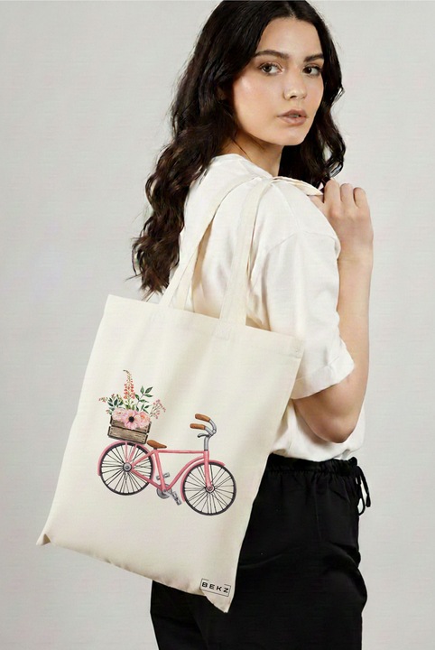 Sacosa Cumparaturi Textila, Geanta Tote, model Spring on Two Wheels, 38x34.5 cm, Alba, BEKZ®