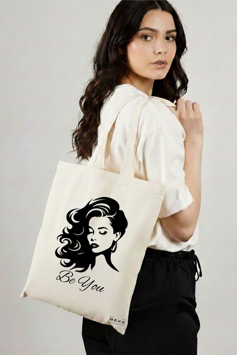 Sacosa Cumparaturi Textila, Geanta Tote, model Be You 2, 38x34.5 cm, Alba, BEKZ®